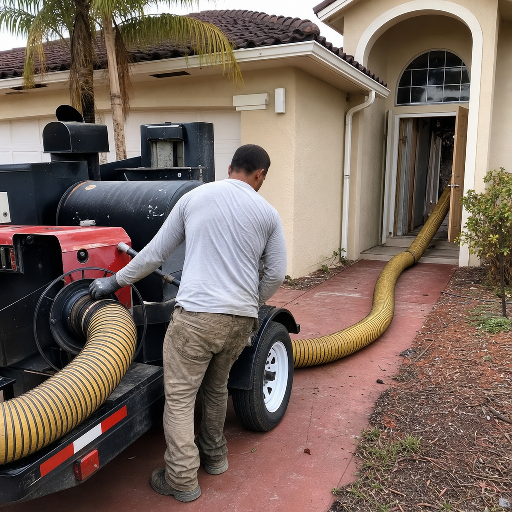 Professional air duct cleaning technician using a vacuum system at home