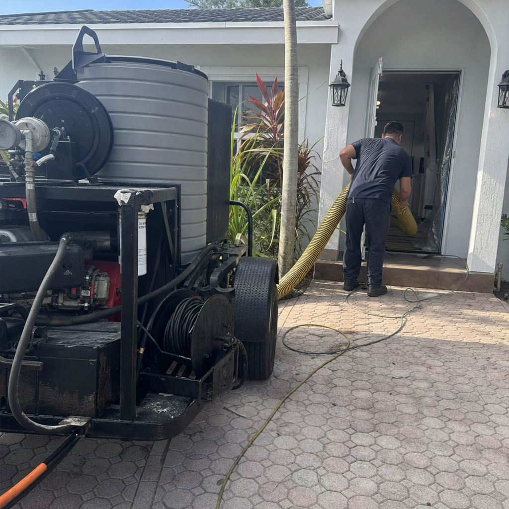 Professional air duct cleaning technician using heavy duty vacuum equipment at home