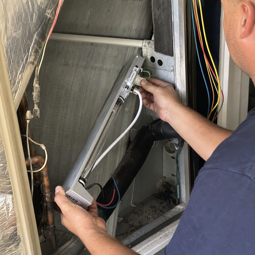 Technician installing an ultraviolet HVAC germicidal lamp for air sanitization