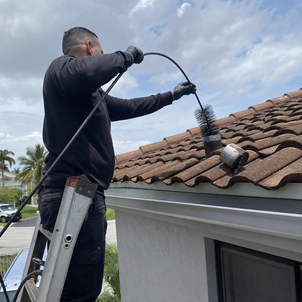 Professional dryer vent cleaning service with rotary brush on roof