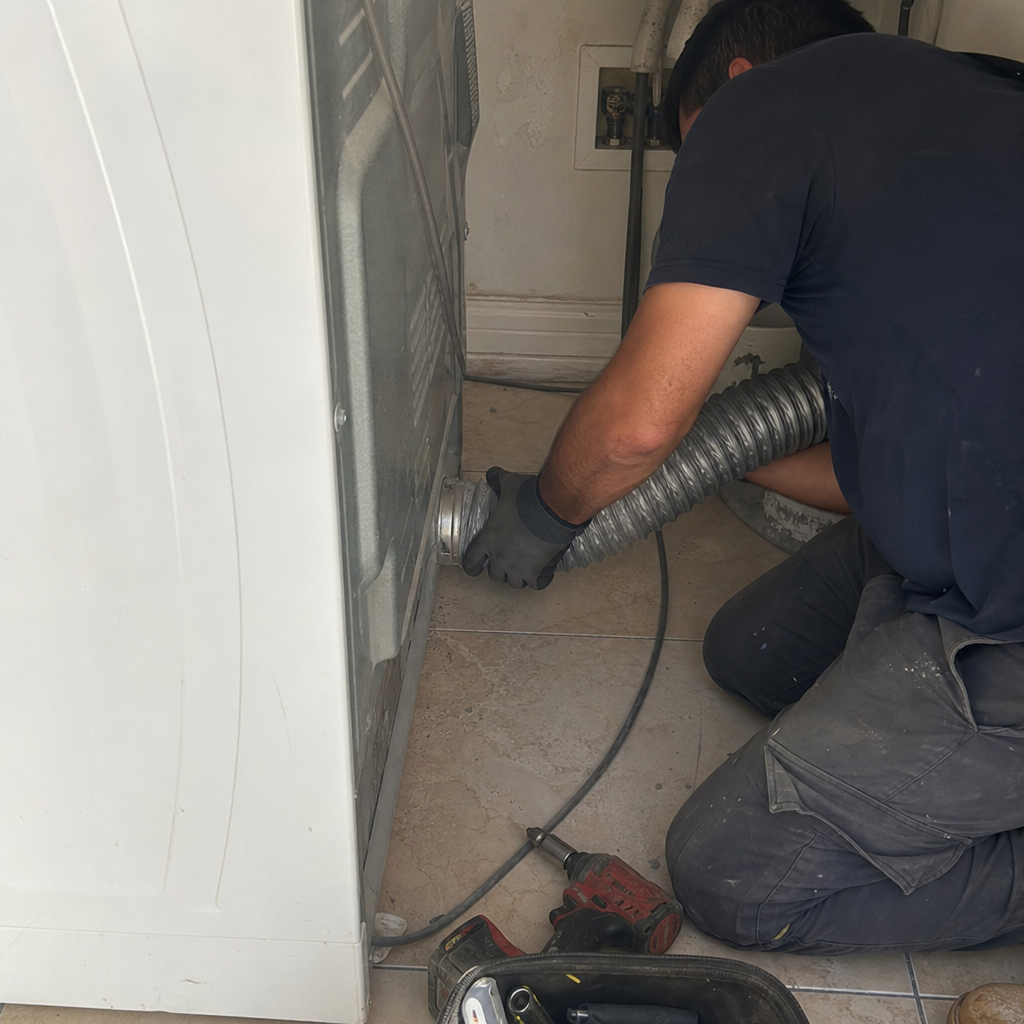 Technician connecting a flexible aluminum dryer vent hose to a dryer