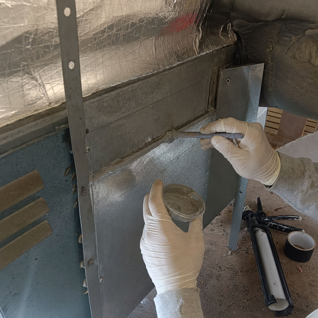 Technician performing professional HVAC duct sealing and air leak repair