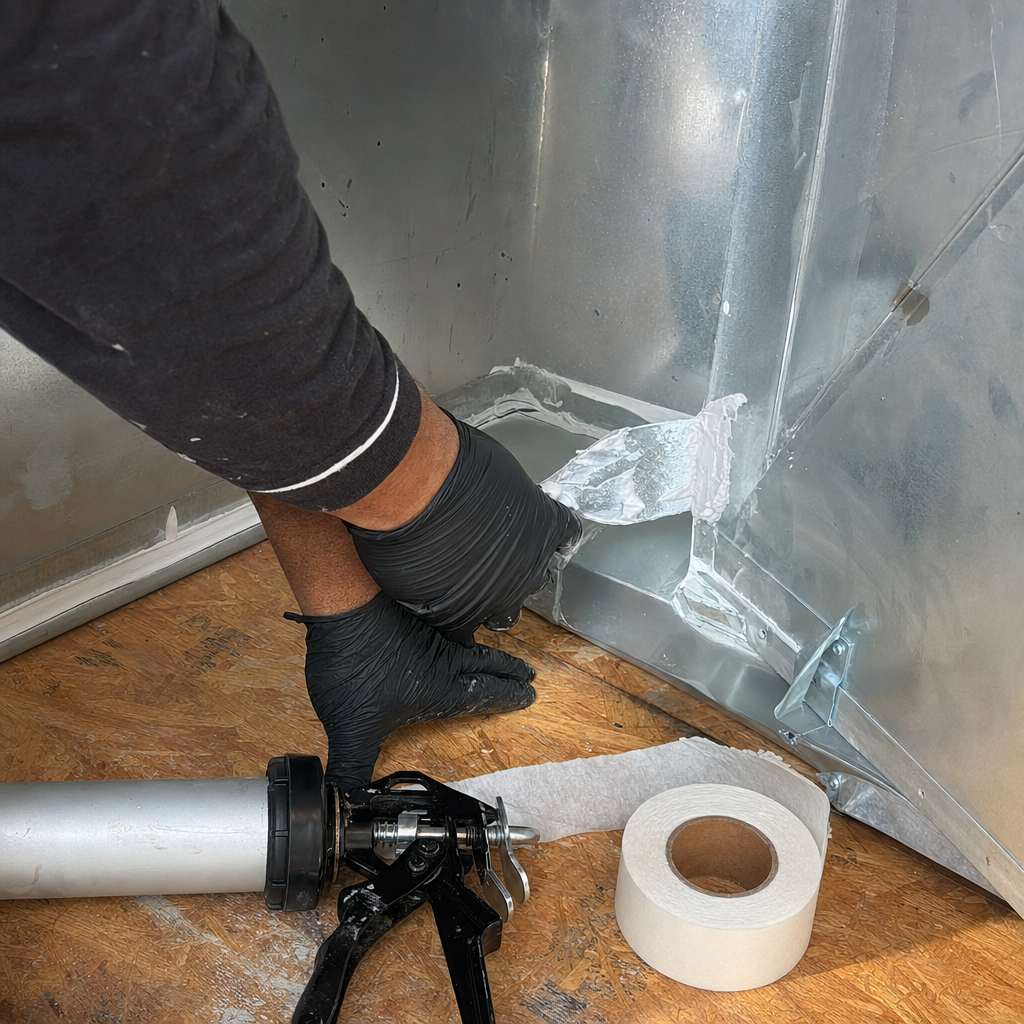 Technician applying professional sealant to air duct seams for HVAC repair