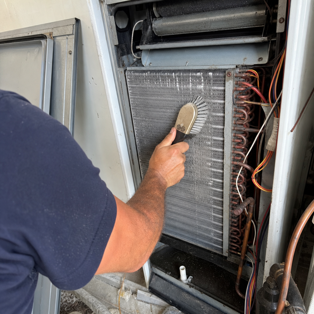 HVAC technician performing professional evaporator coil cleaning with a brush