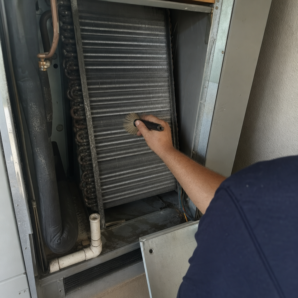 HVAC technician cleaning cooling coils with a professional brush tool