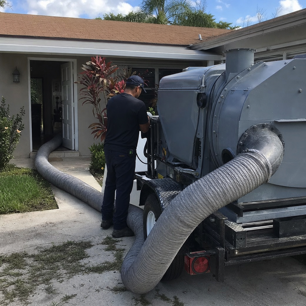 Technician using industrial air duct cleaning machine at a residential house.