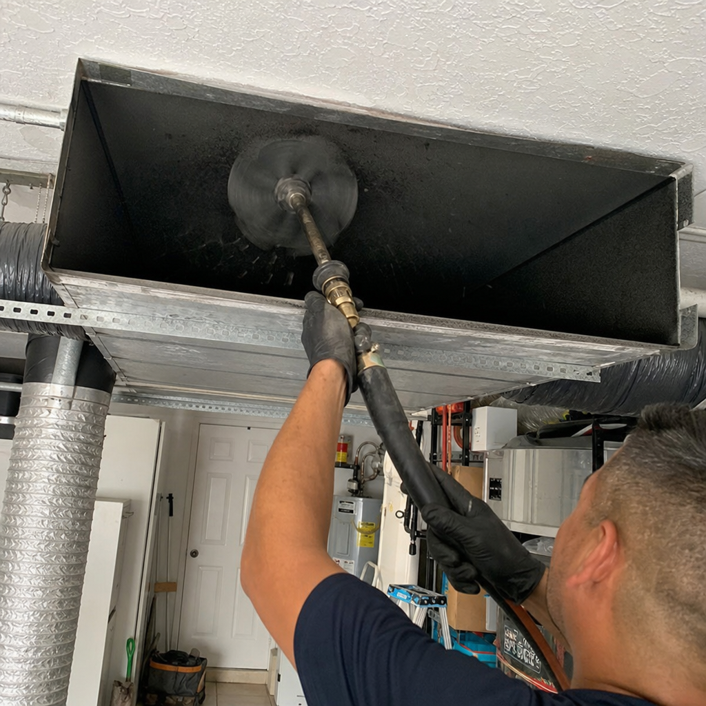 professional technician using rotary brush tool for residential air duct cleaning