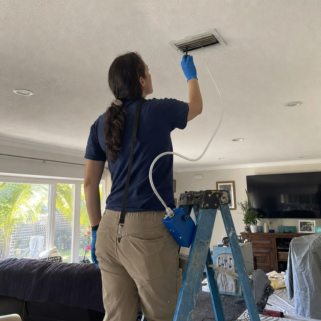Technician performing professional air duct sanitizing and air quality testing in Florida, FL