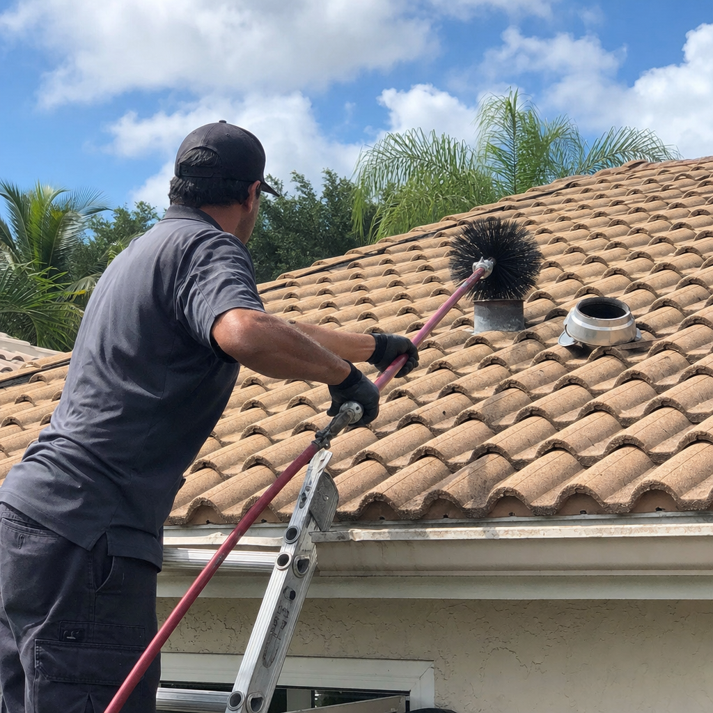 Technician performing professional dryer vent cleaning from a roof
