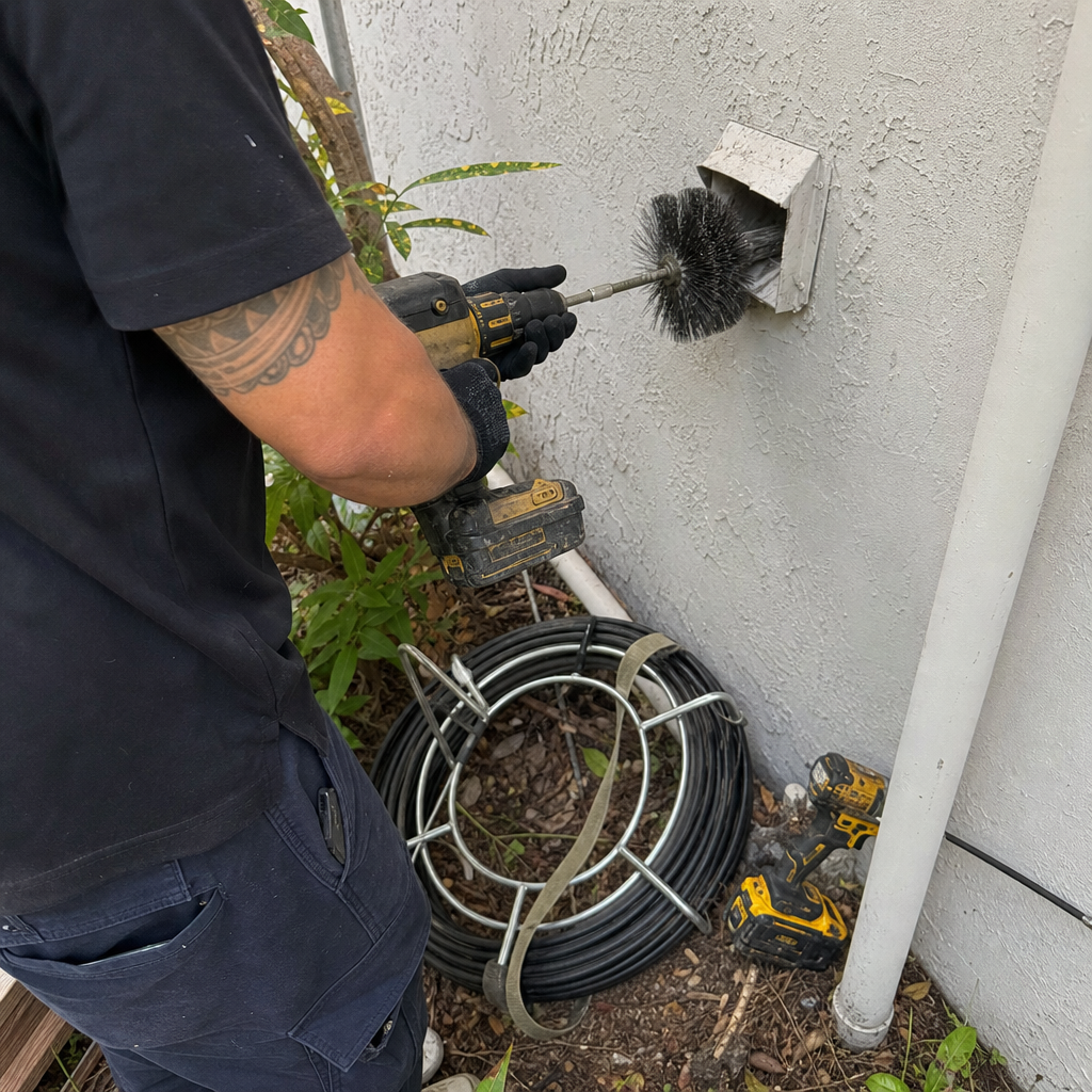 Professional technician performing dryer vent cleaning with a power drill brush