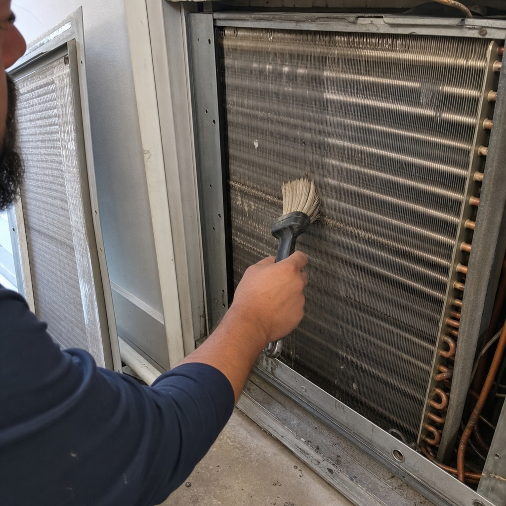 HVAC technician cleaning dusty air conditioning unit coils with a brush