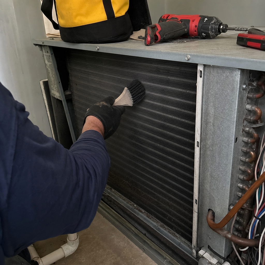 Technician performing professional HVAC coil cleaning and maintenance