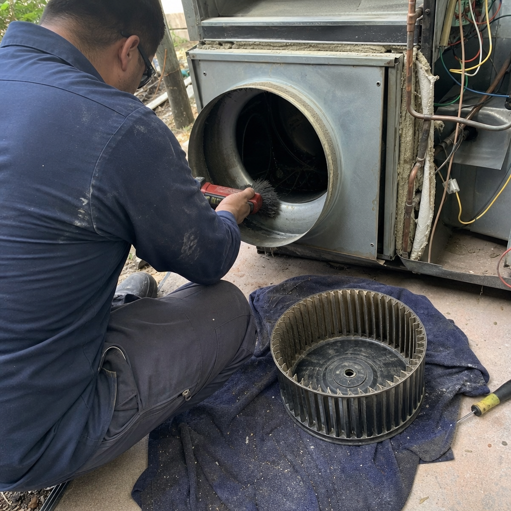 HVAC technician cleaning the inside of an air conditioning unit